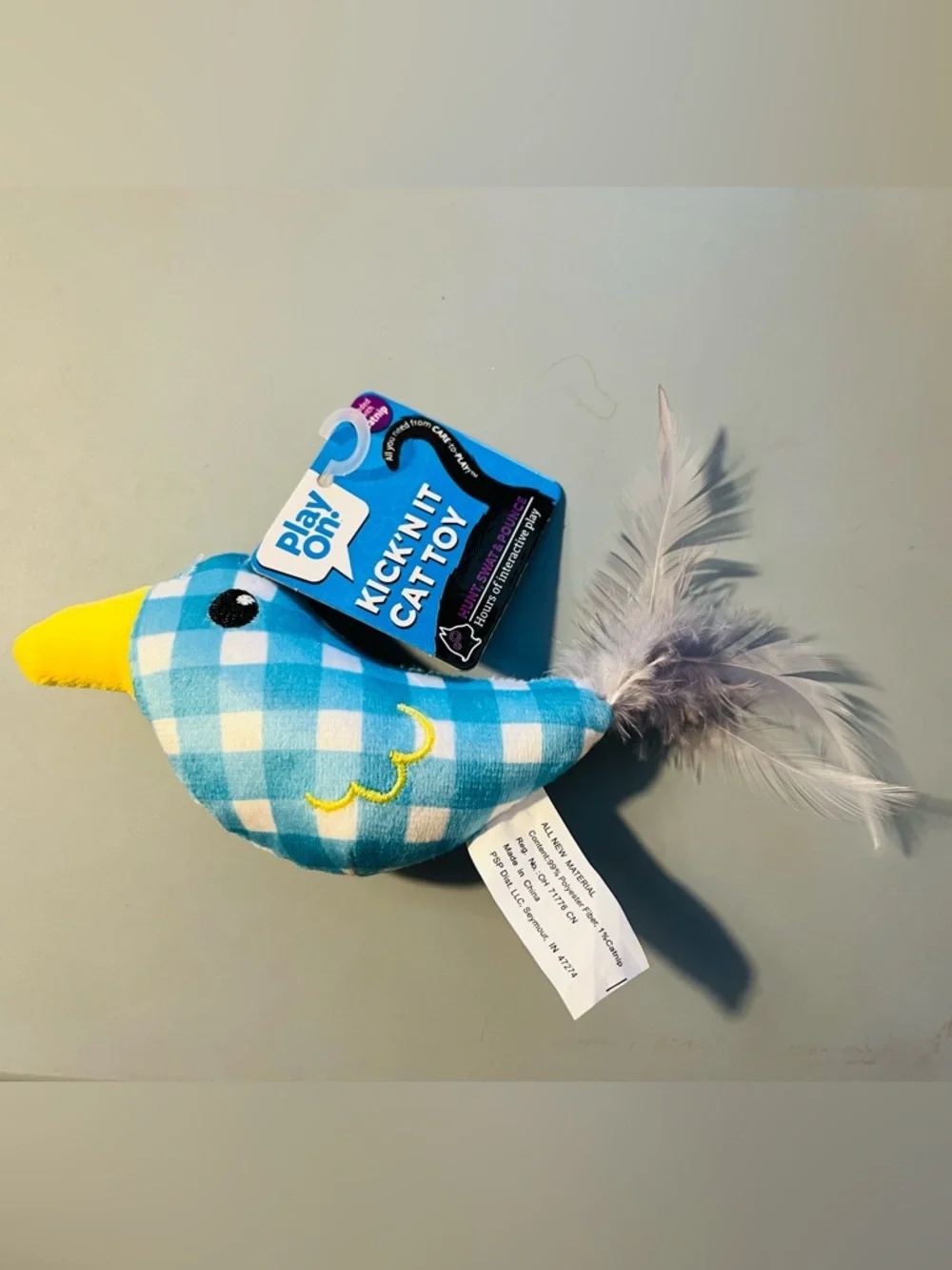 NWT Play On! Kick-N-It Cat Toy - Blue Plaid with Feather Tail